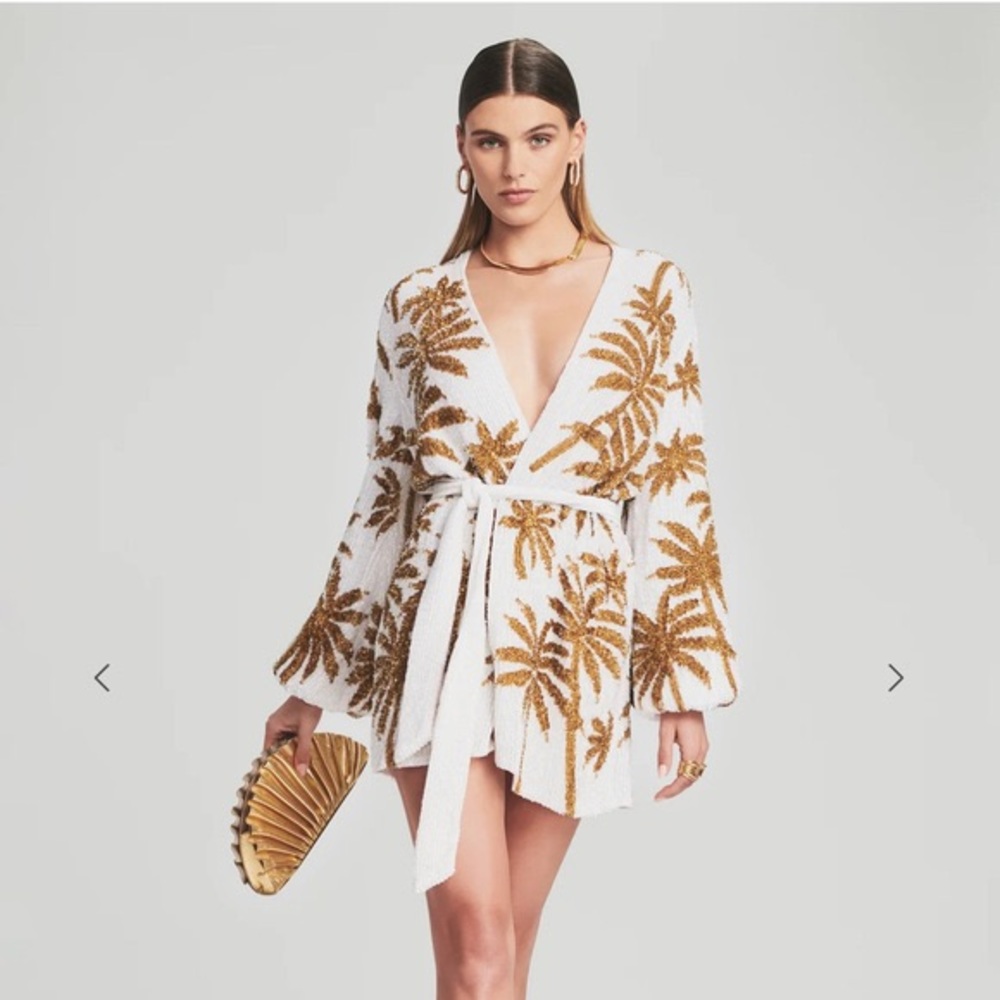 Retrofete New Never Worn with Tags Gabrielle wrap sequin white gold palm dress